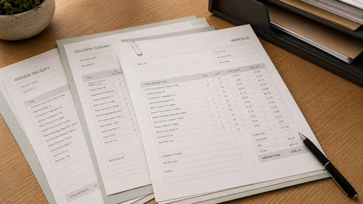 A goods receipt, delivery docket and supplier invoice on a desk