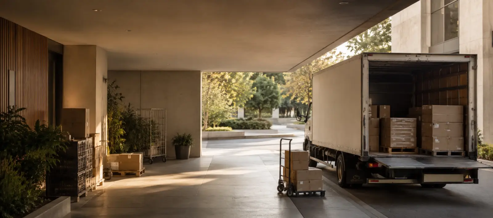 Supplies being received from a delivery truck at a hotel service entrance